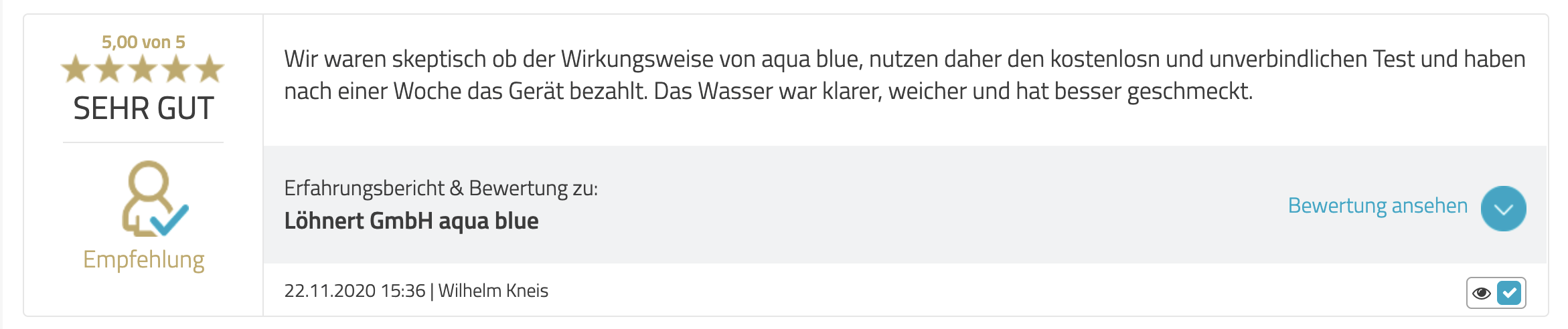 Kundenstimme über aqua blue Wasserqualität