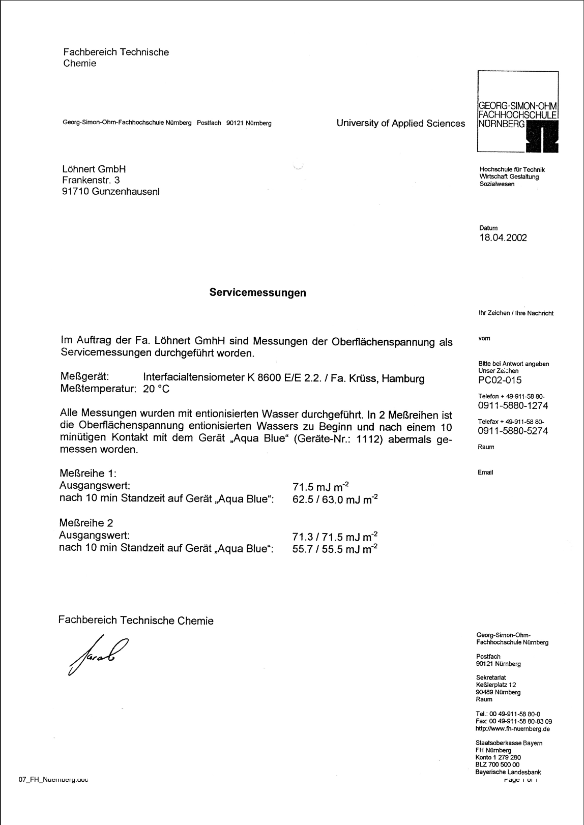 Kopie des Gutachtens der Fachhochschule Nürnberg zur Senkung der Oberflächenspannung mit aqua blue