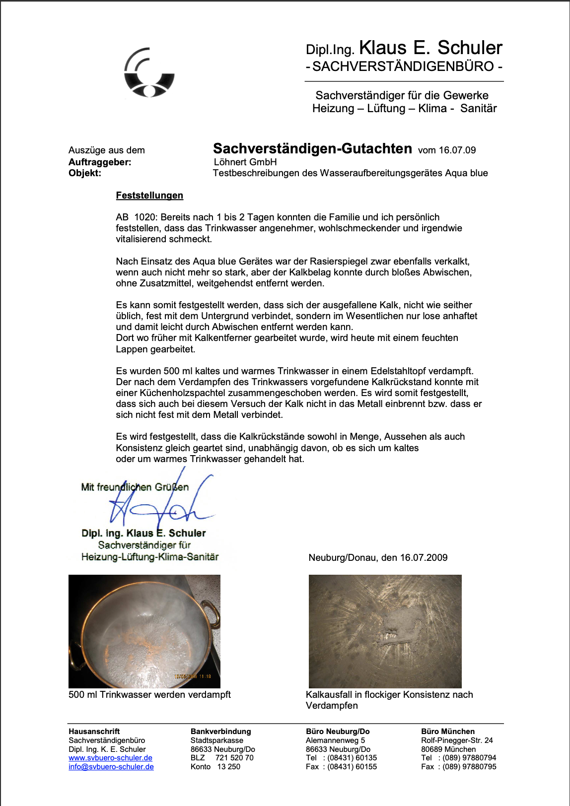 Gutachten zur Kalkwirkung von aqua blue auf Kalk 