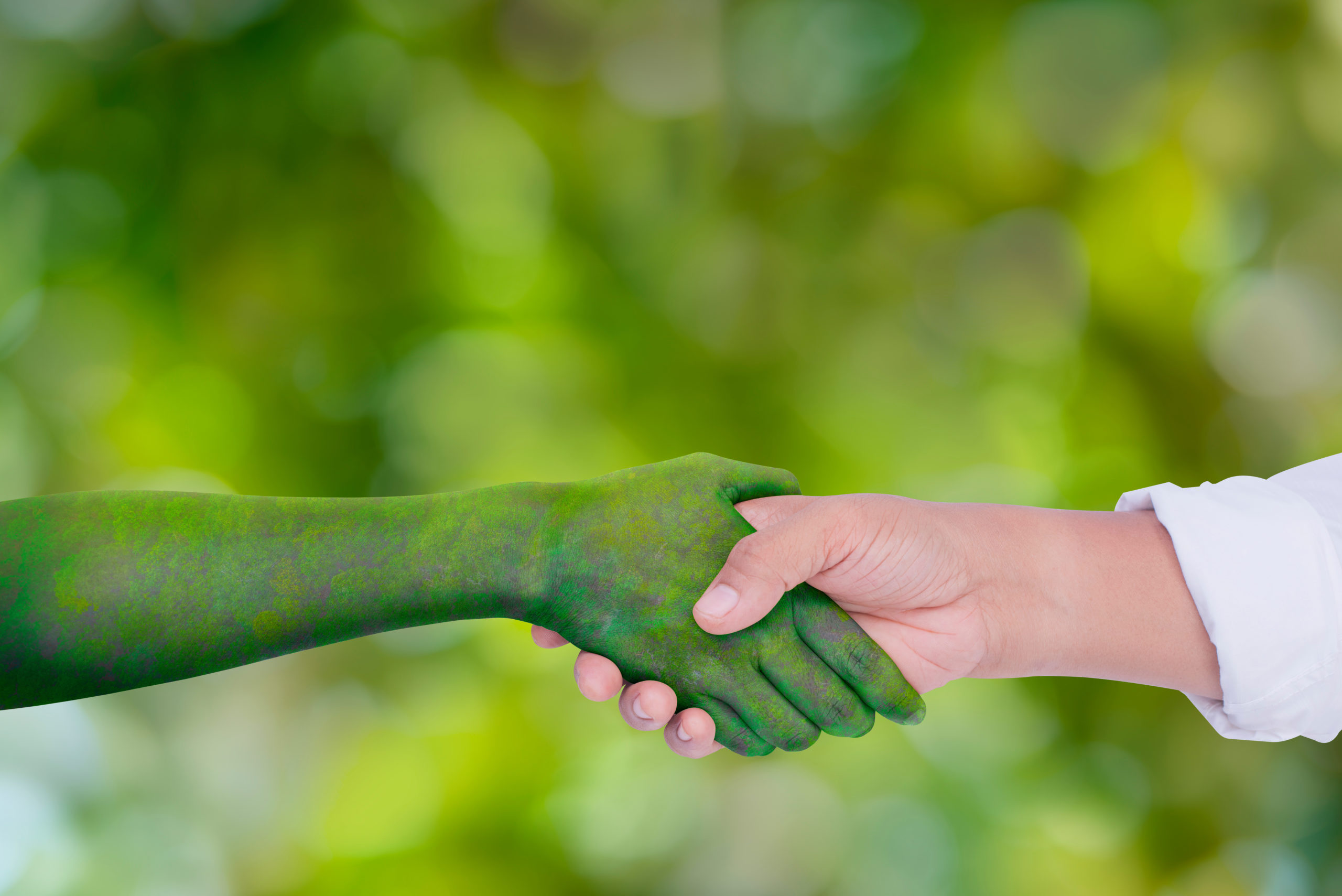 Zwei Personen geben sich die Hand. Die eine Hand ist grün gefärbt und steht sinnbildlich für die Umwelt. Der Hintergrund ist ebenfalls grün.
